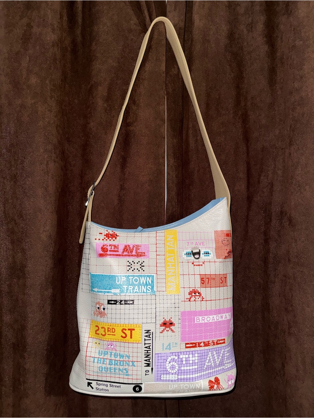 Min & Mon Multicolor City-Map Bucket Shoulder Bag with Beige Strap